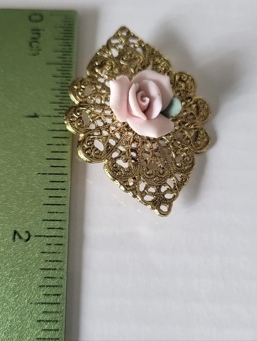 Vintage 1928 Brand Goldtone Filigree Brooch with Pink Porcelain Rose